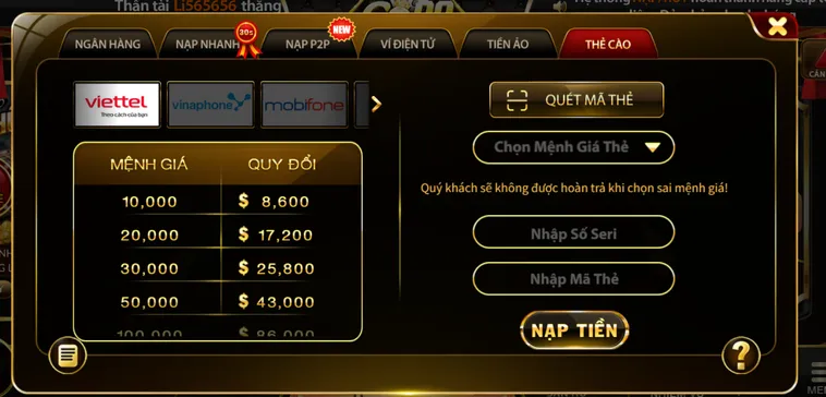 Nạp tiền qua thẻ cào an toàn bảo mật tiện lợi.